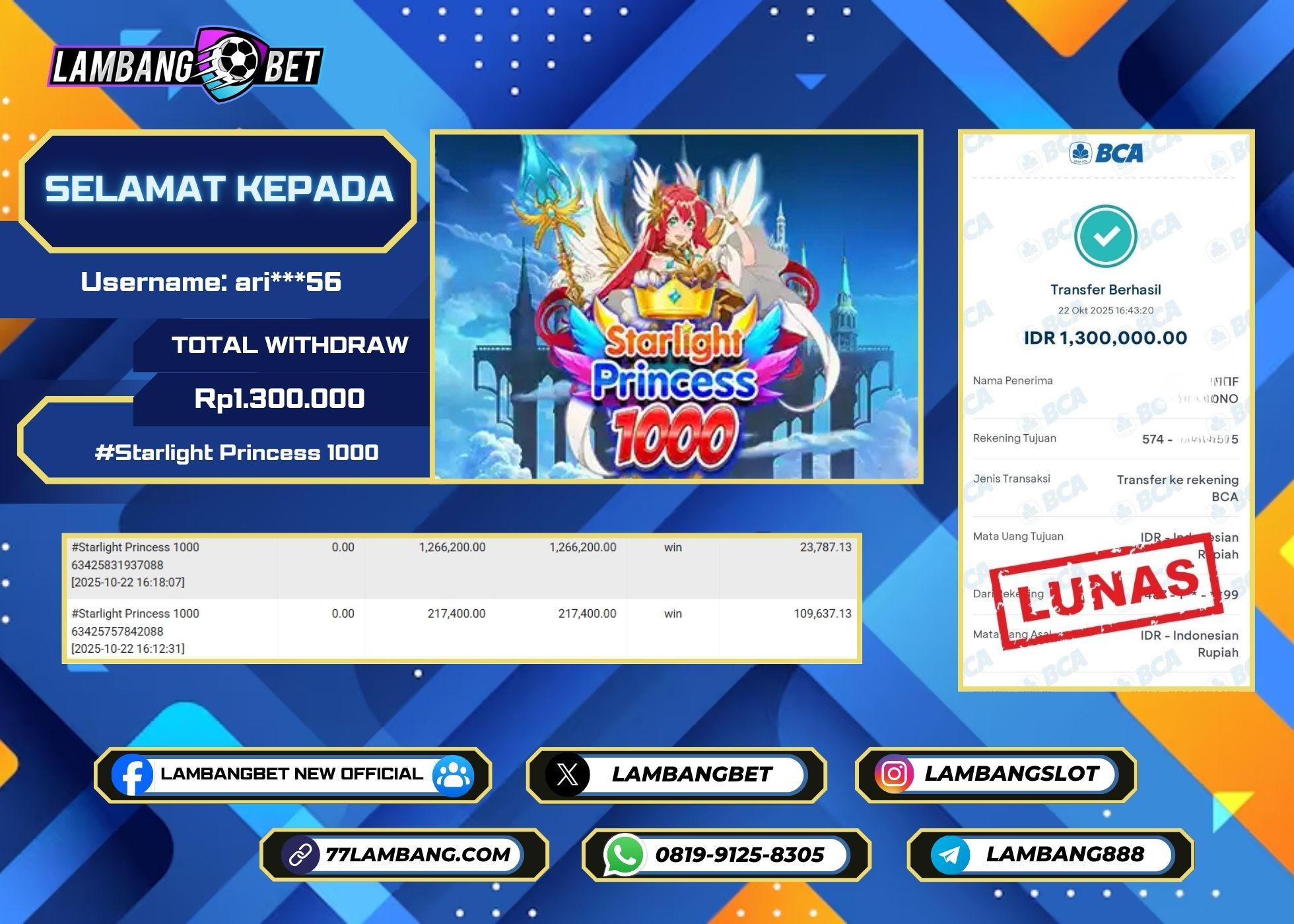 LAMBANGBET [22 OKTOBER 2025] JACKPOT SLOT Starlight Princess 1000 "Rp1.300.000" LUNAS